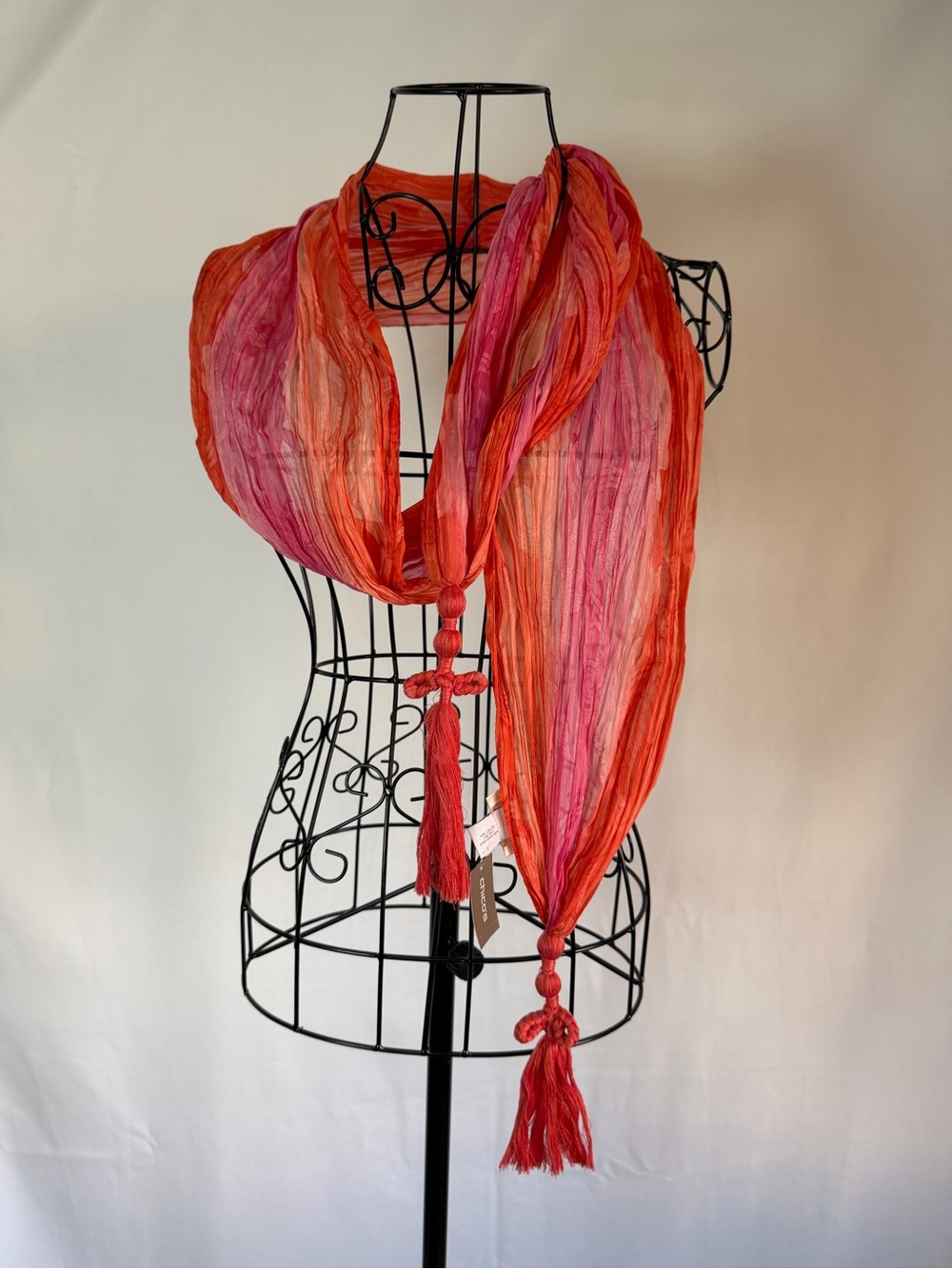 Chico's Pink and Orange Tassel Crinkle Wrap Scarf